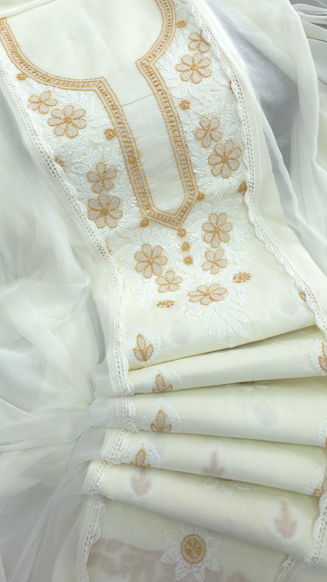 Paridhan Chikan Premium Cool Cotton Chikankari Dress Material Set with Hand Embroidered Kurta, Bottom & Chiffon Dupatta with Handmade Crochet Border