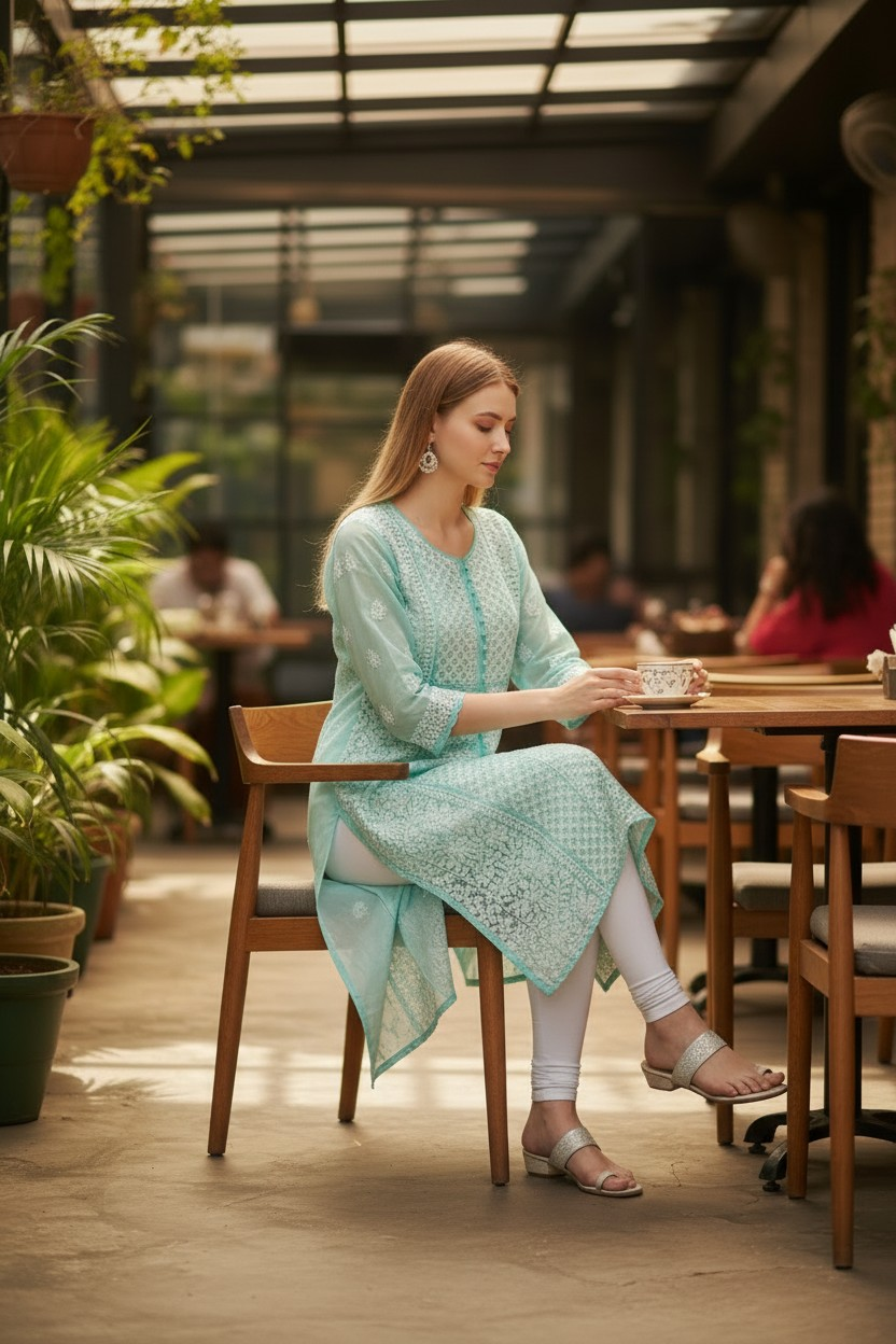 Women's Chikankari Georgette Front-Open Look Kurta | Hand Embroidered Lucknowi Ethnic Wear