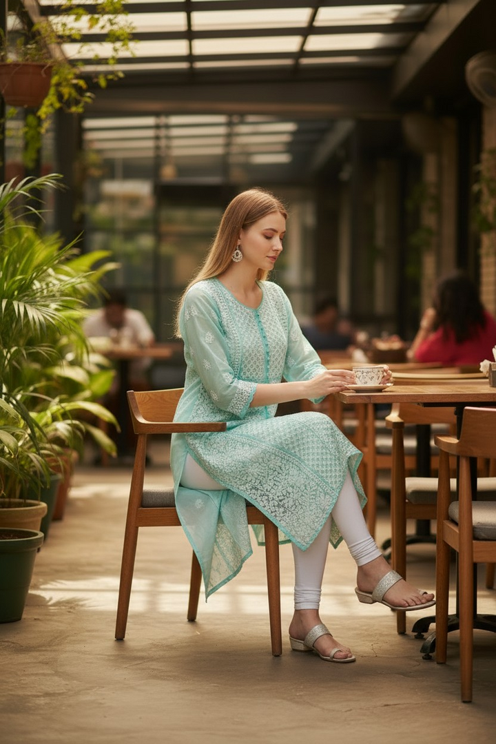 Women's Chikankari Georgette Front-Open Look Kurta | Hand Embroidered Lucknowi Ethnic Wear