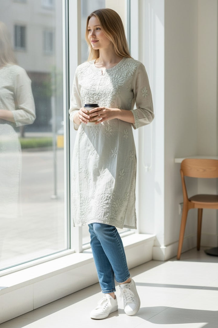 Non transparent Soft Chanderi Chikankari Top 32" length