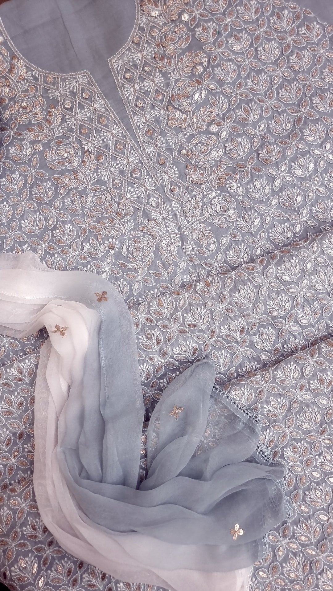 Grey Unstitched Soft Cotton Chikankari Suit Set – Aari, Kasab & Gotta Patti Embellished with Pure Chiffon Dupatta