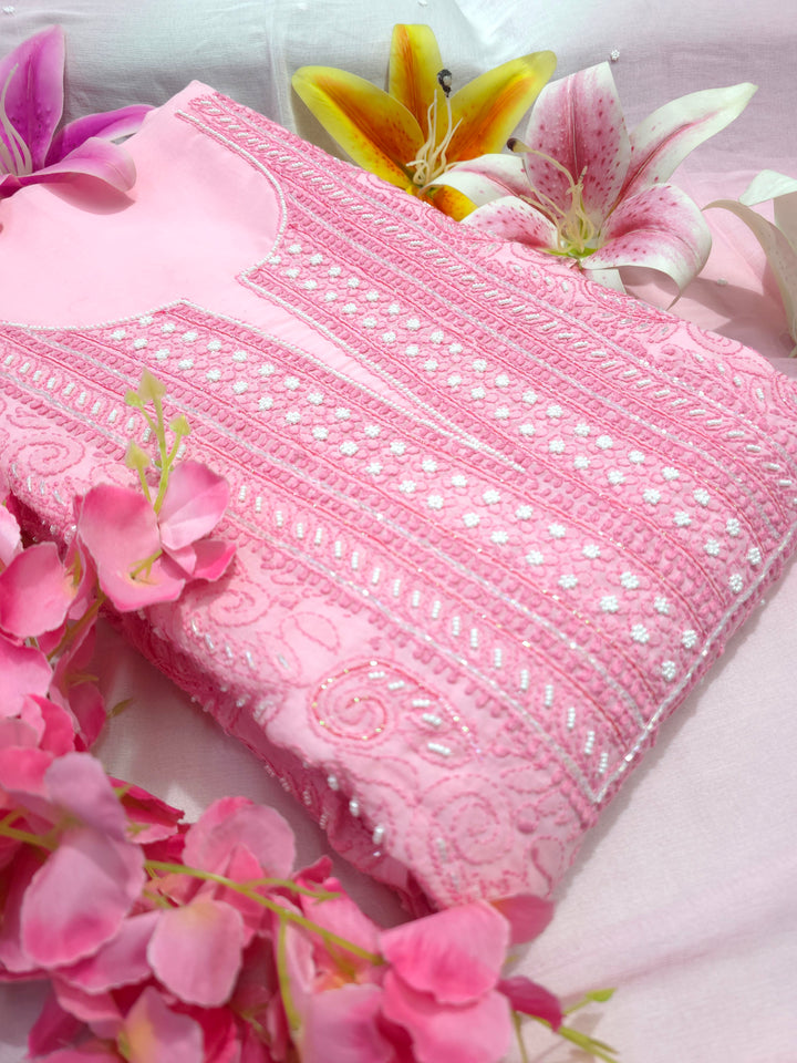 Paridhan Chikan Cotton Chikankari Unstitched Dress Material – 3 Pc Suit Set with Hand Embroidery & Pearl Work in Every Motif
