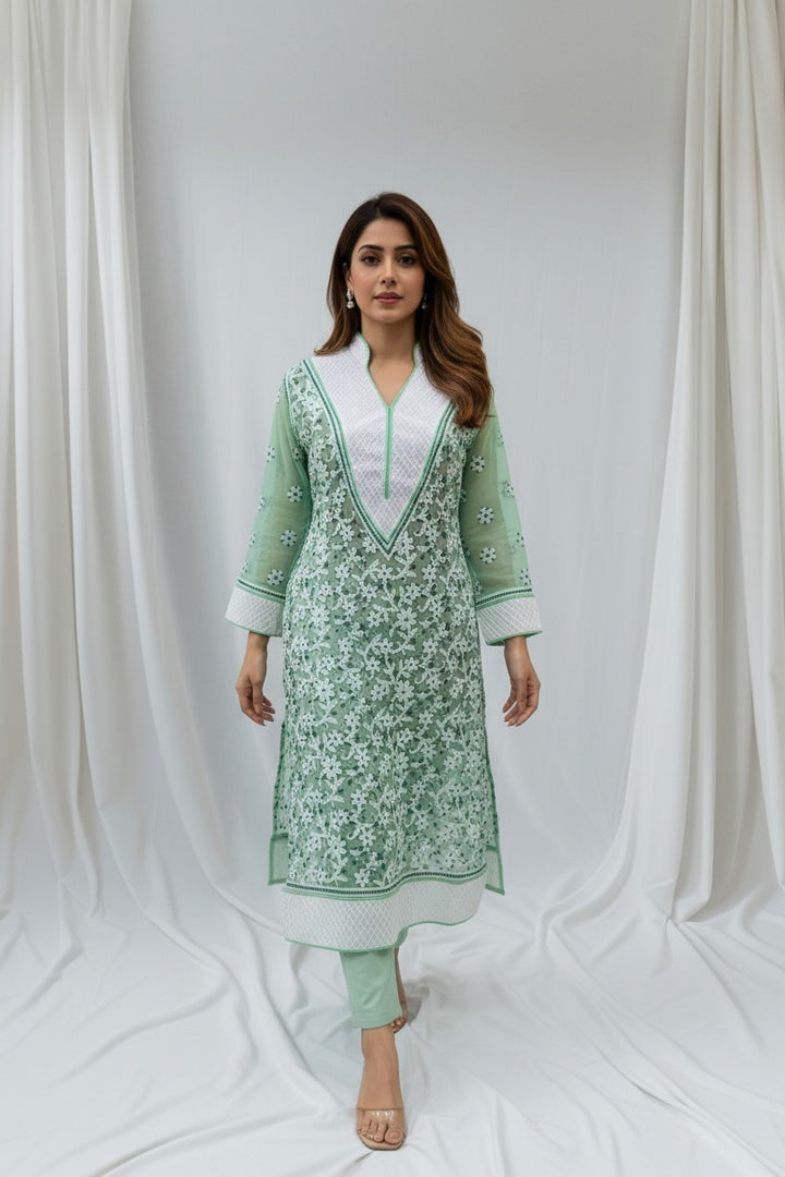 Women’s Georgette Chikankari Kurti – Designer Hand Embroidered Lucknowi Craft by Paridhan Chikan