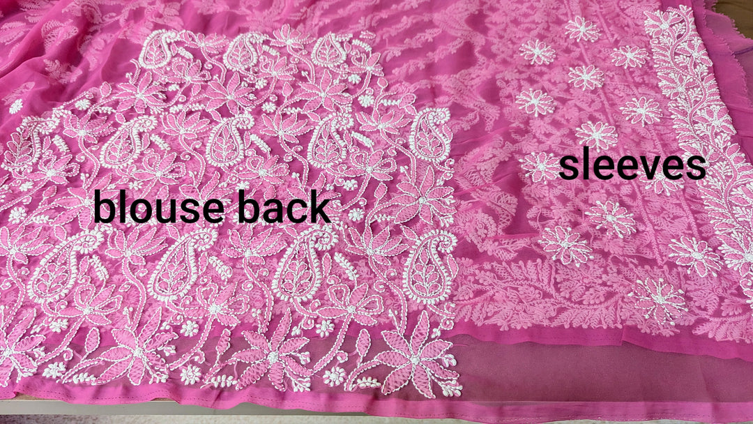 Faux Georgette Hand Chikankari Saree with Exclusive Border & designer Palla Design | Embroidered Blouse Included | Authentic Lucknow Handicraft by Paridhan Chikan