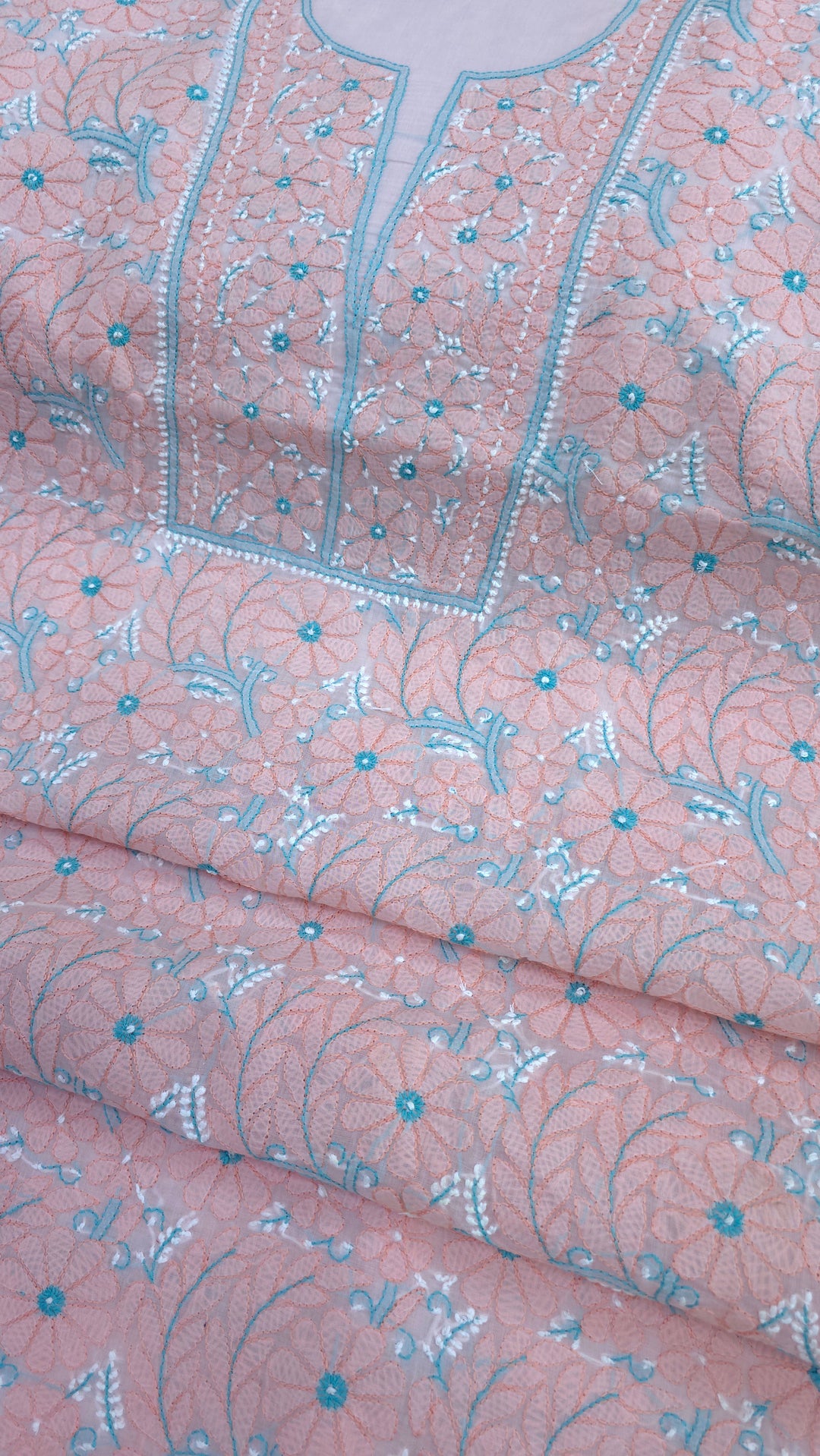 Lucknow Chikankari Hand Embroidered Cotton Dress Material with Tri-Color Motifs & Pure Chiffon Dupatta
