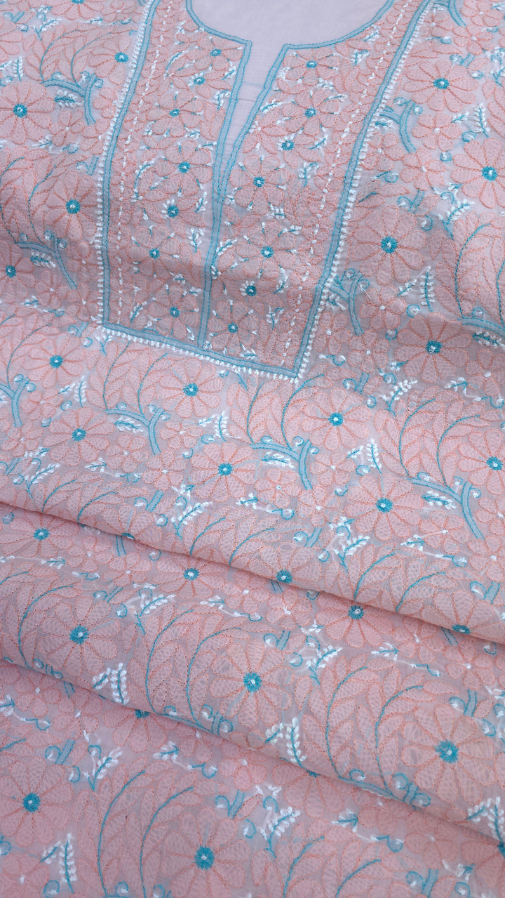 Lucknow Chikankari Hand Embroidered Cotton Dress Material with Tri-Color Motifs & Pure Chiffon Dupatta