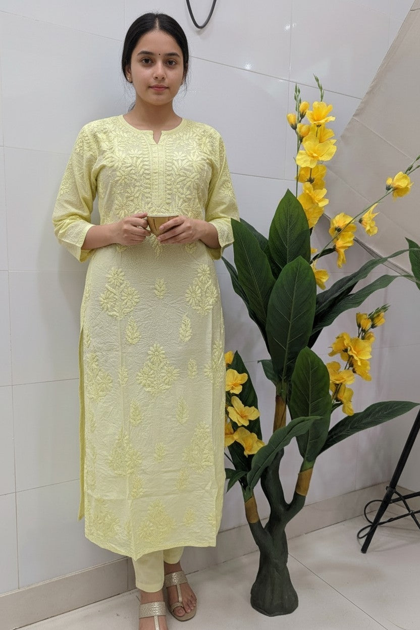 Premium Soft Chanderi Lucknowi Chikankari Long Kurti – 100% Hand Embroidered, Non-Transparent