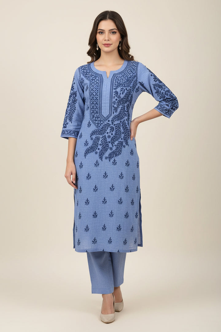 Pure Cotton Linen Lucknowi Chikankari Long Kurti | 100% Hand Embroidered | Non-Transparent | No Shrinkage