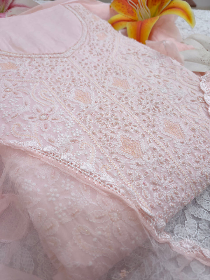 Paridhan Chikan Cotton Chikankari Unstitched Dress Material – 3 Pc Suit Set with Hand Embroidery & Pearl Work in Every Motif