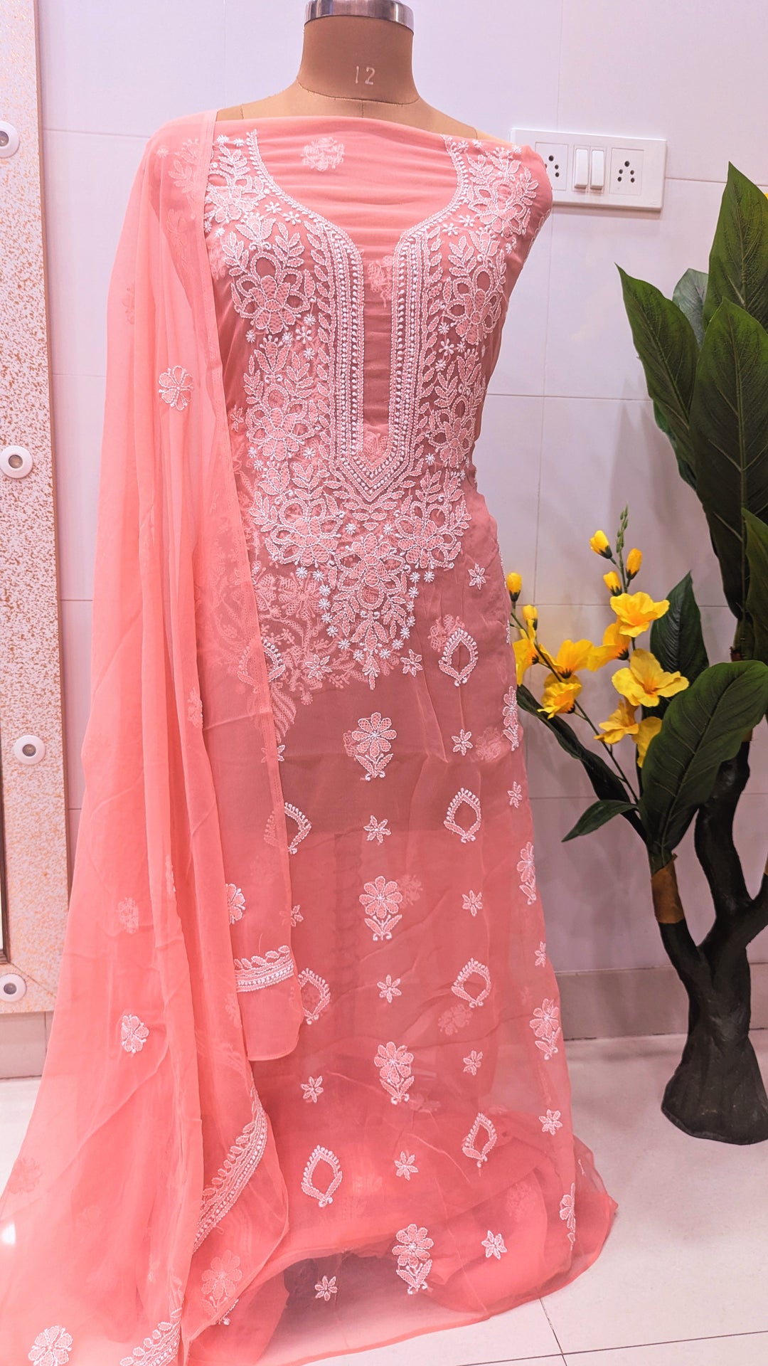 "Paridhan Chikan Georgette Lucknowi Chikankari Unstitched Suit Set – Hand Embroidered Kurta, Bottom & Dupatta for Women"
