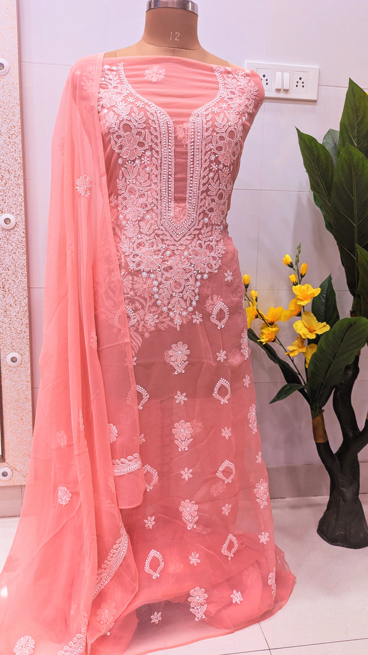 "Paridhan Chikan Georgette Lucknowi Chikankari Unstitched Suit Set – Hand Embroidered Kurta, Bottom & Dupatta for Women"