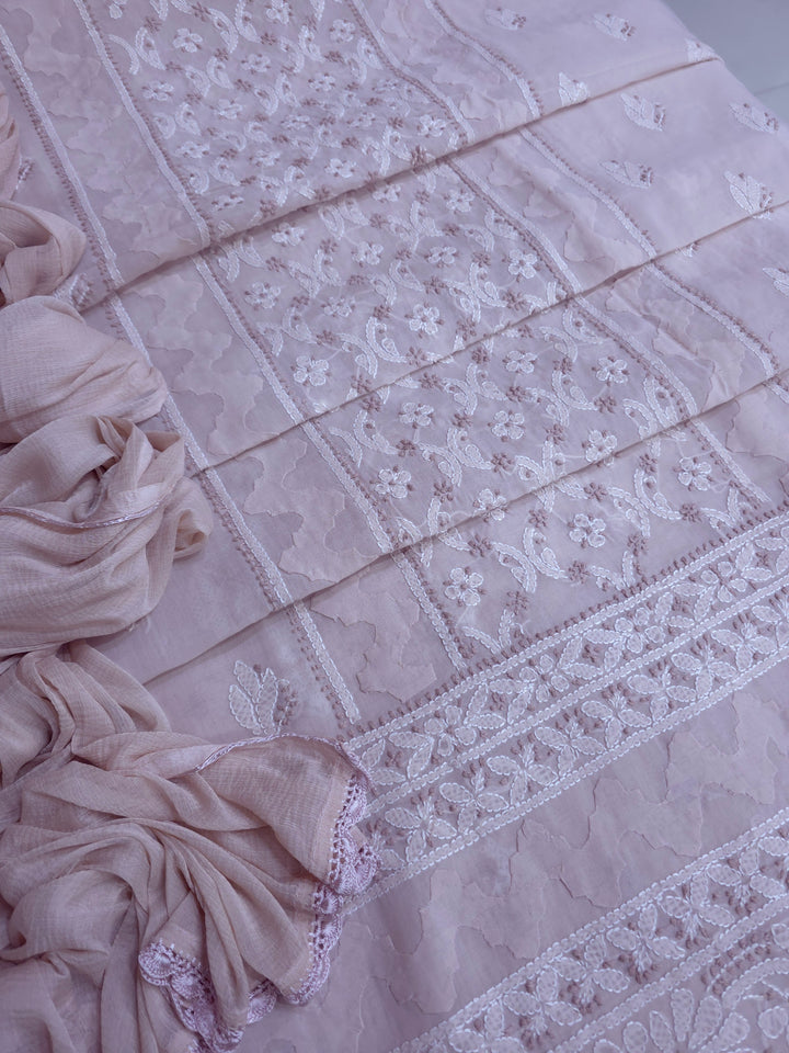 Darz Lucknowi Chikankari  Dress Material – Handmade Cotton Suit with Chiffon Dupatta
