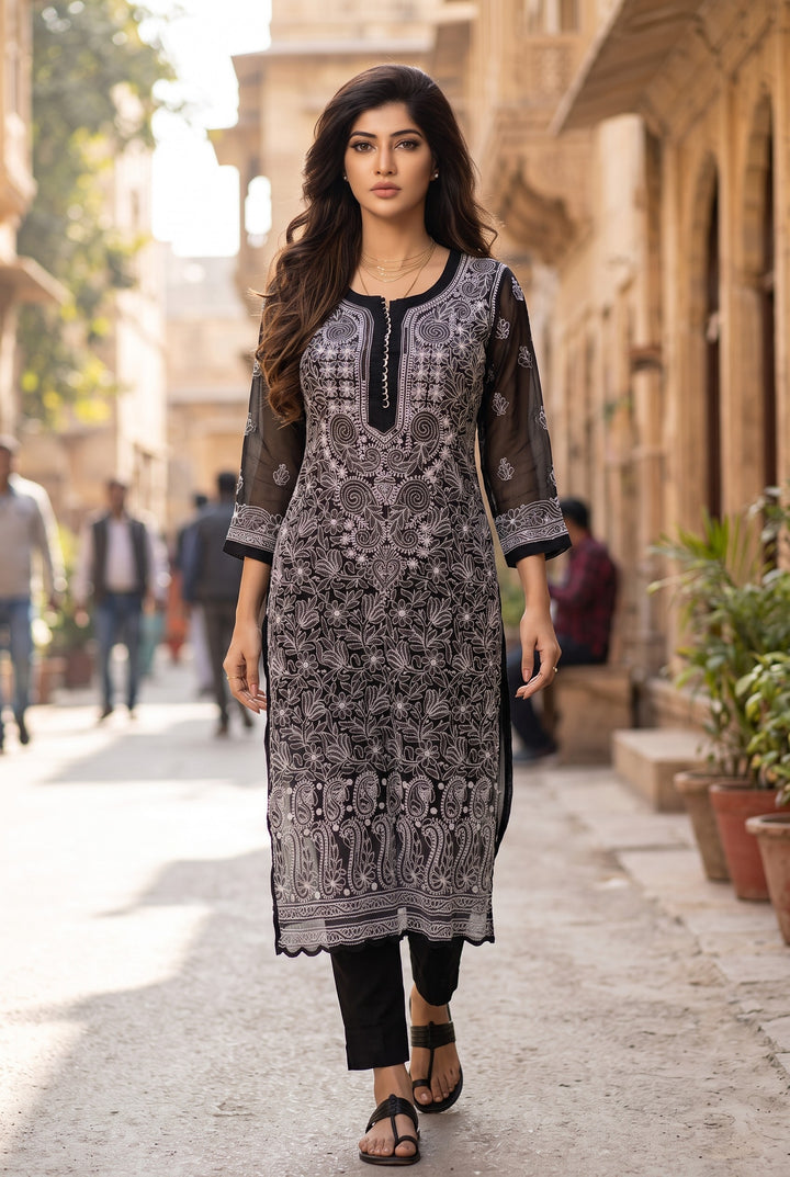 Georgette Lucknowi Chikankari 46" Long- front n back full embroidered Kurti | 100% Hand Embroidered| No Shrinkage