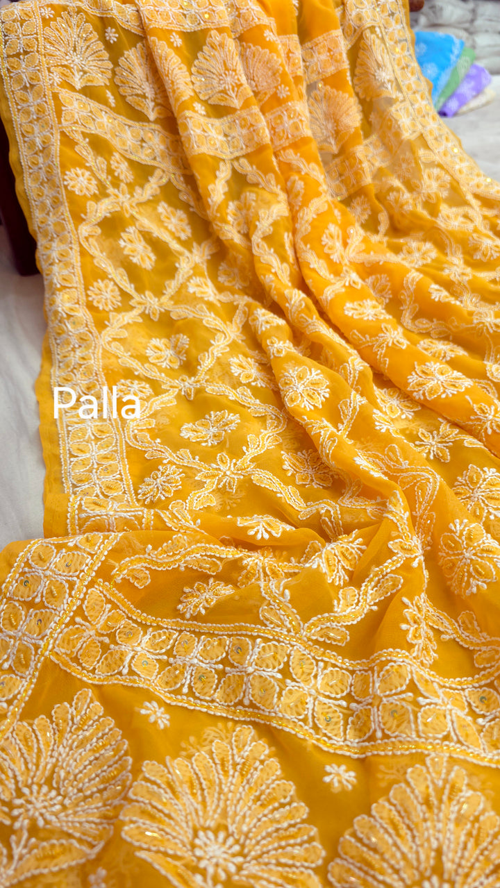 Pearl Chikankari Saree on Faux Georgette with Matching Blouse | Hand Embroidered Lucknowi Saree | Paridhan Chikan Heritage Collection