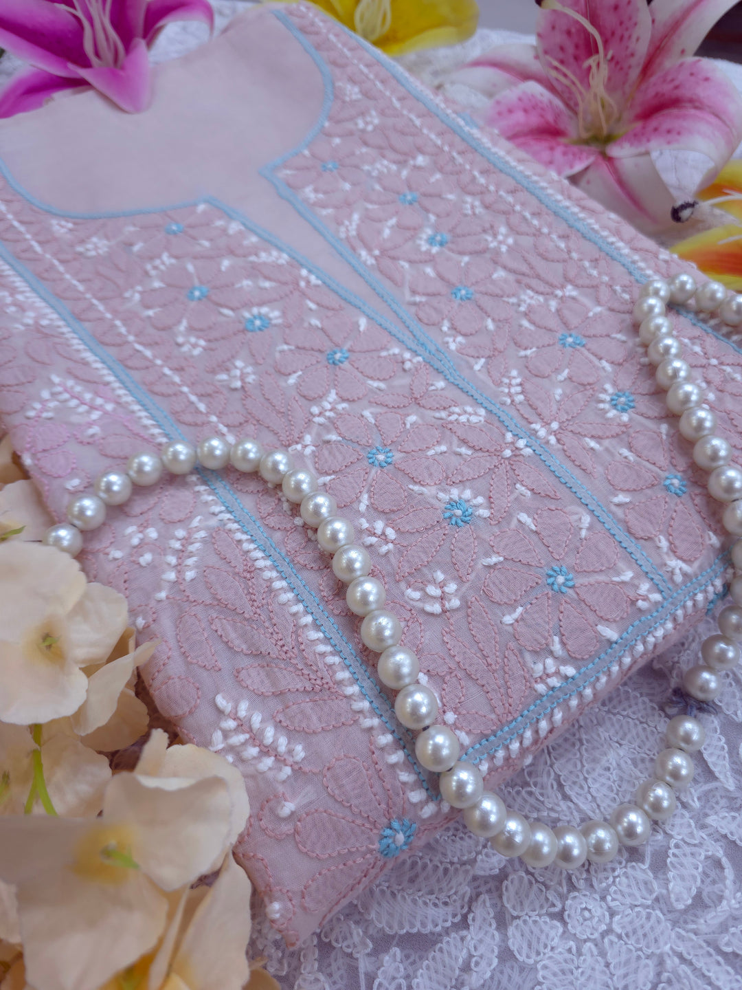Lucknow Chikankari Hand Embroidered Cotton Dress Material with Tri-Color Motifs & Pure Chiffon Dupatta