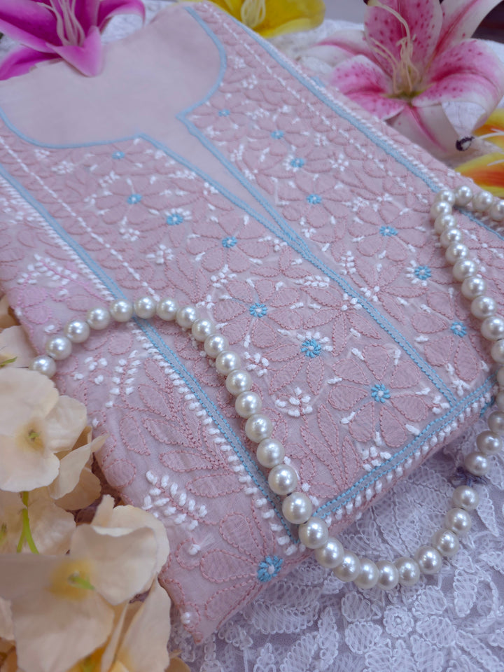 Lucknow Chikankari Hand Embroidered Cotton Dress Material with Tri-Color Motifs & Pure Chiffon Dupatta