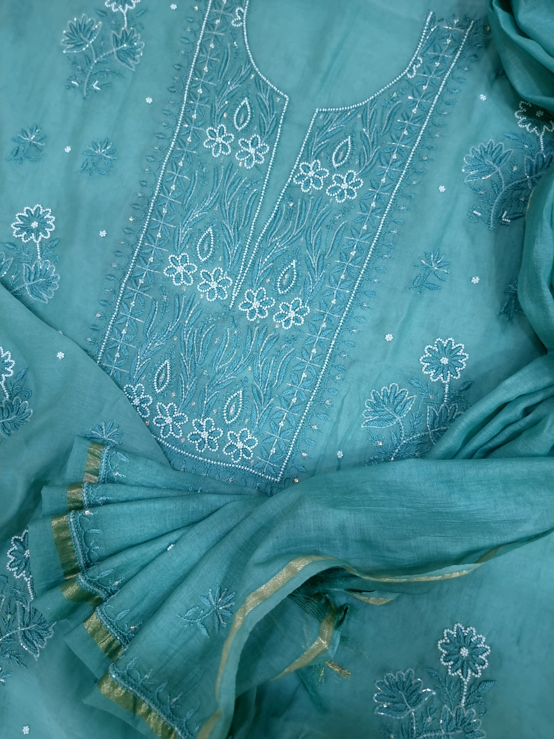 Premium Mul Chanderi Supersoft Dyeable Chikankari Dress Material | Hand Embroidered with Pearls & Cutdaana | Kurta & Dupatta Set