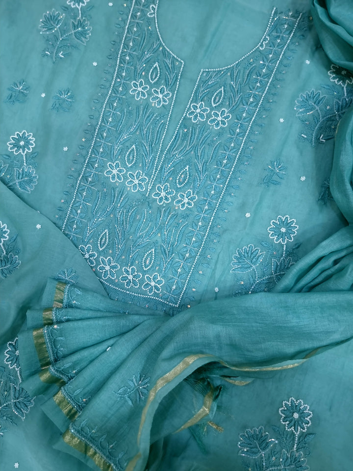 Premium Mul Chanderi Supersoft Dyeable Chikankari Dress Material | Hand Embroidered with Pearls & Cutdaana | Kurta & Dupatta Set