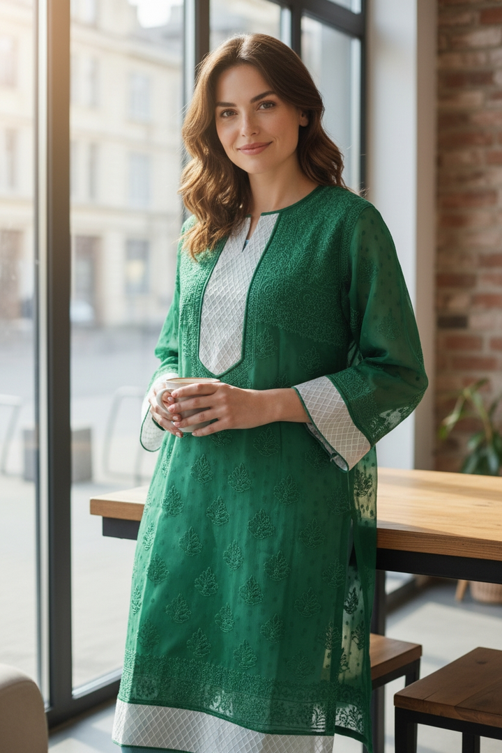 Women’s Georgette Chikankari Kurti – Designer Hand Embroidered Lucknowi Craft by Paridhan Chikan