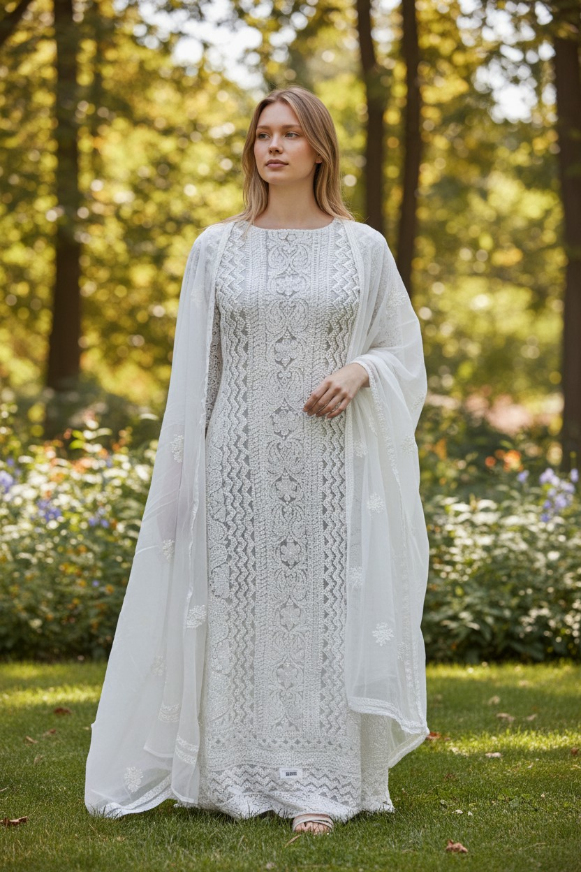 Unstitched Georgette Chikankari Dress Material | Hand Embroidered Kurta, Bottom & Dupatta