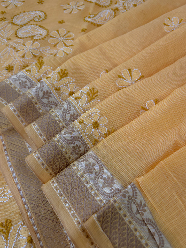 Hand Embroidered Chikankari Banarasi Silk Saree with Intricate Border & Palla Pattern – Includes  Blouse | Paridhan Chikan