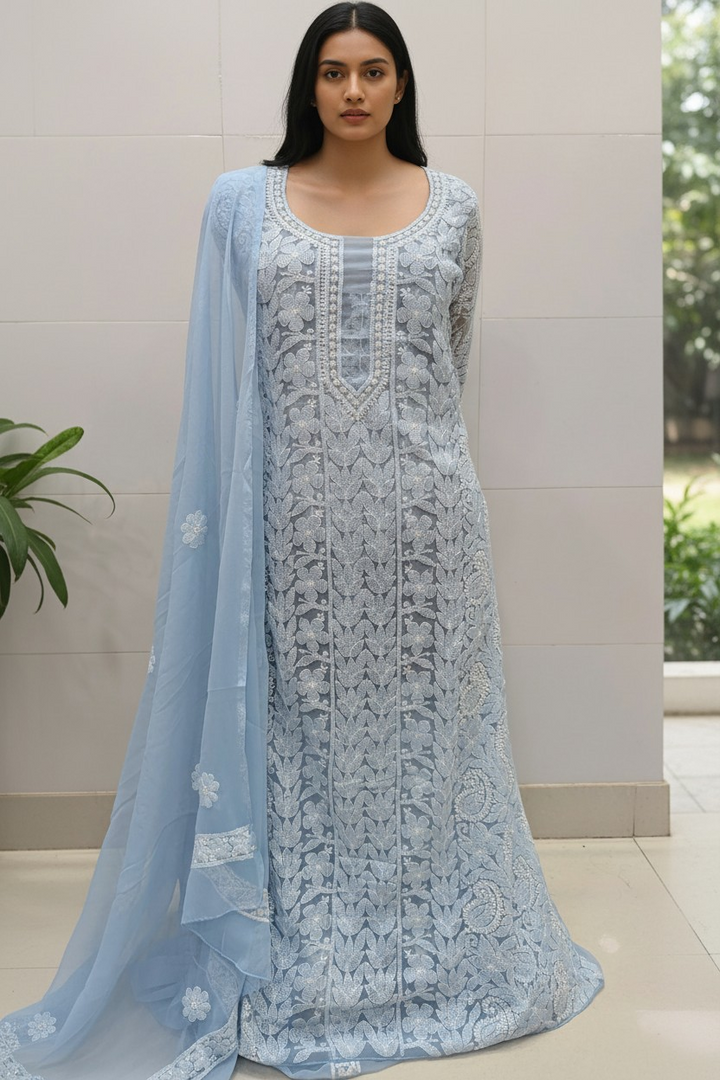 Unstitched Georgette Chikankari Dress Material | Hand Embroidered Kurta, Bottom & Dupatta