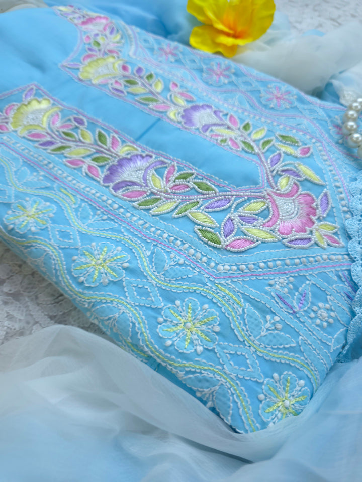 Cotton Resham Neckline chikankari dress material- Blue