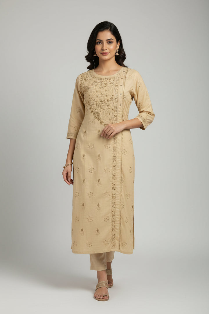 Soft Cotton Polo Fabric Lucknowi Chikankari Long Kurti | 100% Hand Embroidered | Non-Transparent | No Shrinkage