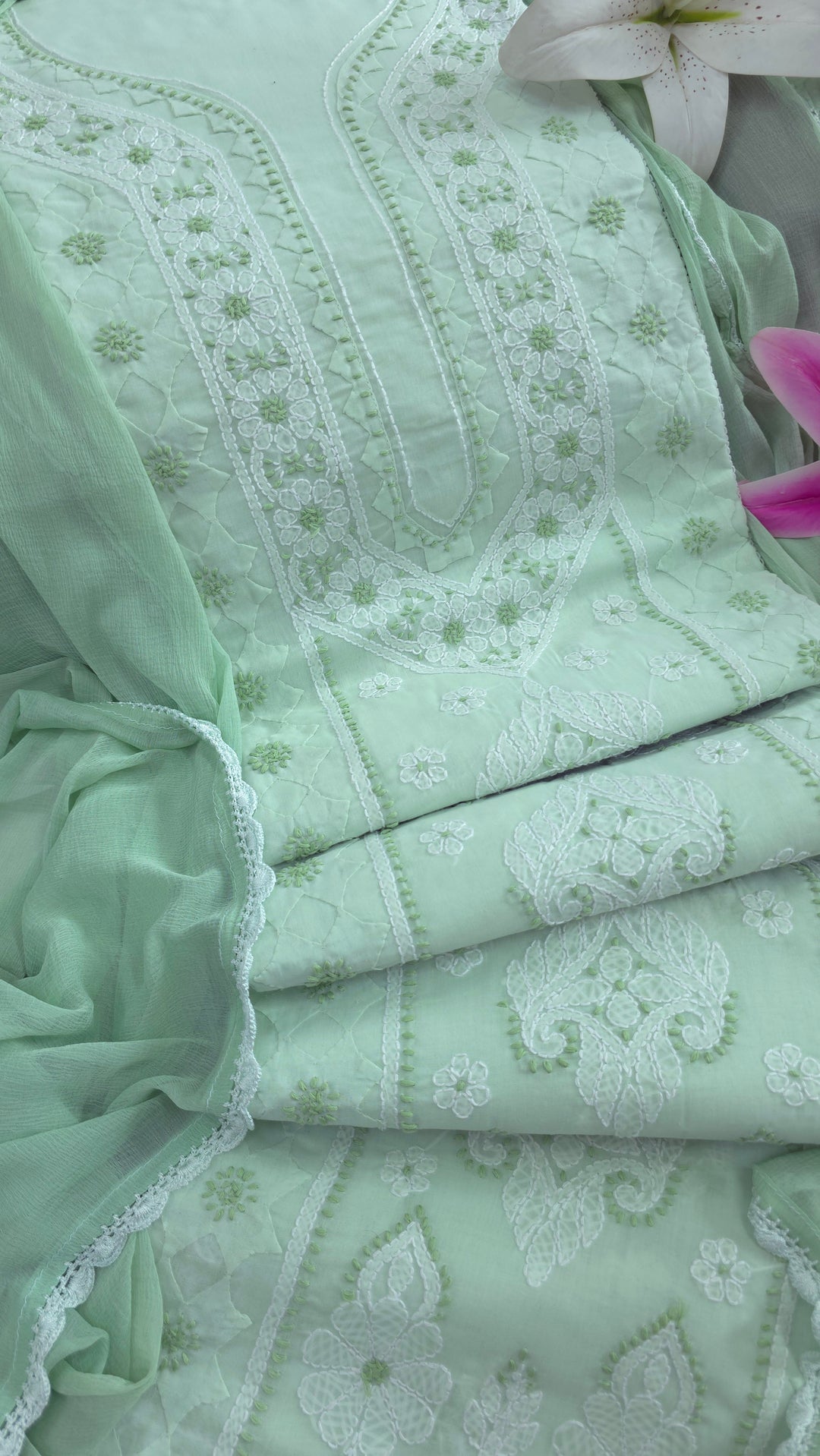 Darz Lucknowi Chikankari  Dress Material – Handmade Cotton Suit with Chiffon Dupatta