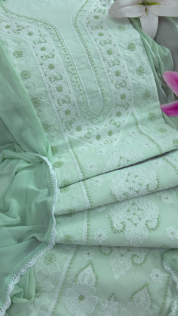 Darz Lucknowi Chikankari  Dress Material – Handmade Cotton Suit with Chiffon Dupatta