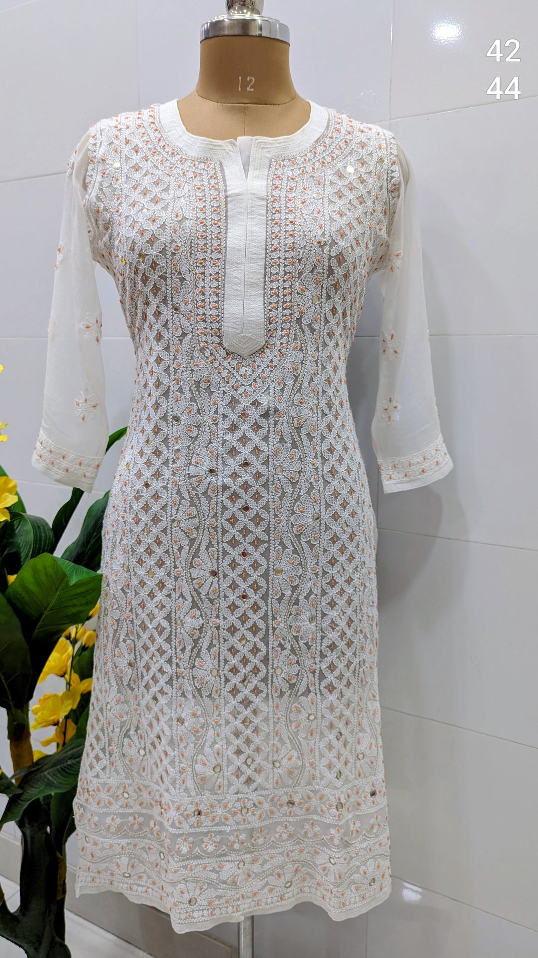 Raha Women’s Georgette Chikankari Kurti –Pearl, mirror n aari work -Designer Hand Embroidered Lucknowi Craft by Paridhan Chikan