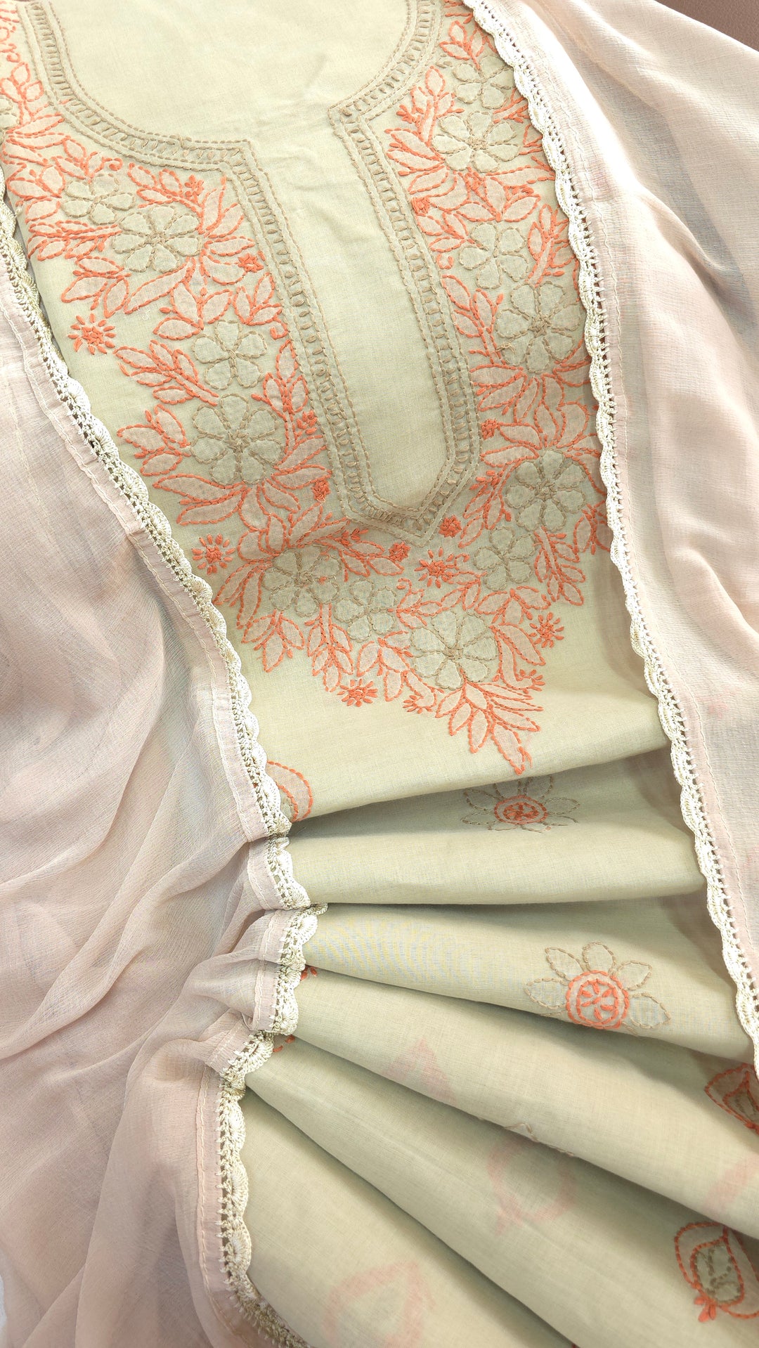 Paridhan Chikan Premium Cool Cotton Chikankari Dress Material Set with Hand Embroidered Kurta, Bottom & Chiffon Dupatta with Handmade Crochet Border