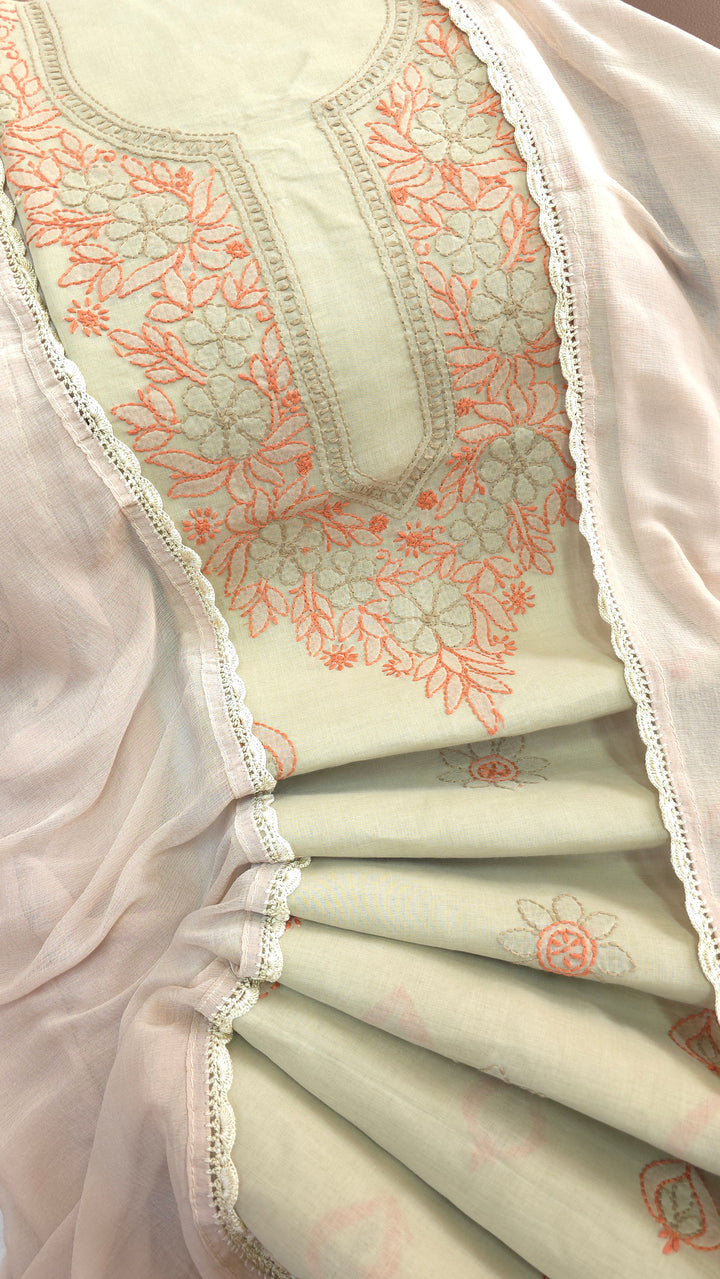 Paridhan Chikan Premium Cool Cotton Chikankari Dress Material Set with Hand Embroidered Kurta, Bottom & Chiffon Dupatta with Handmade Crochet Border