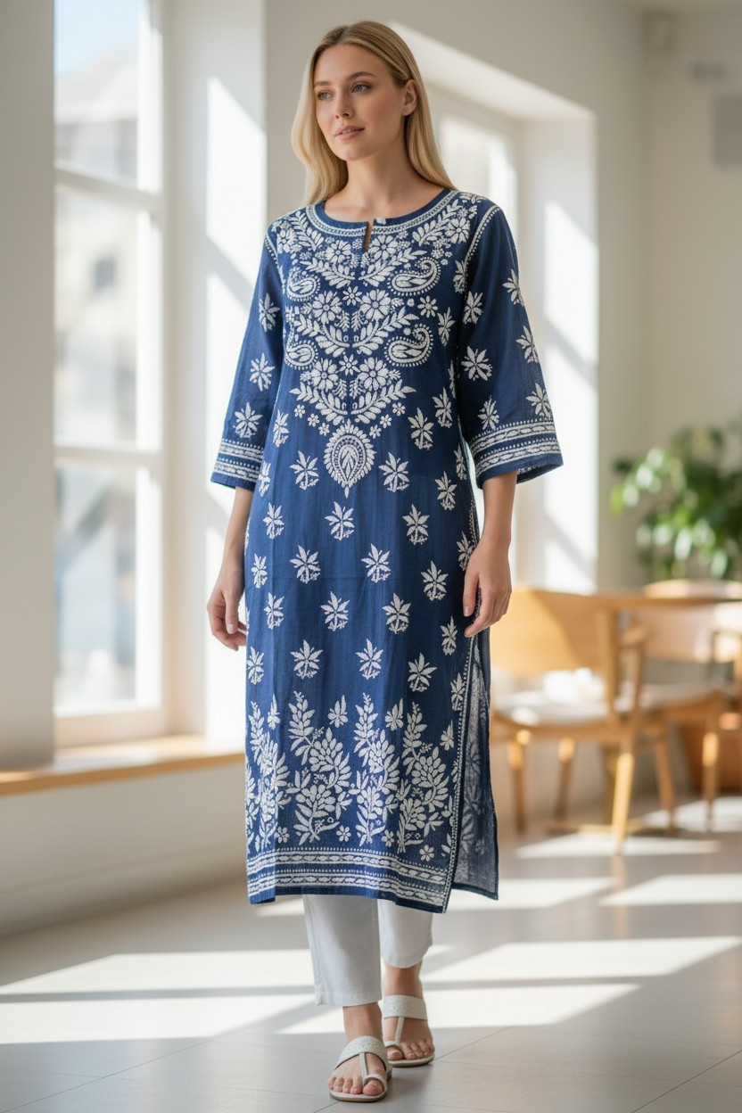 Modal Chikankari Hand Embroidered Kurti for Women | Premium Soft & Non-Transparent Fabric | 46 Inch Length | Lucknowi Chikan Kurta