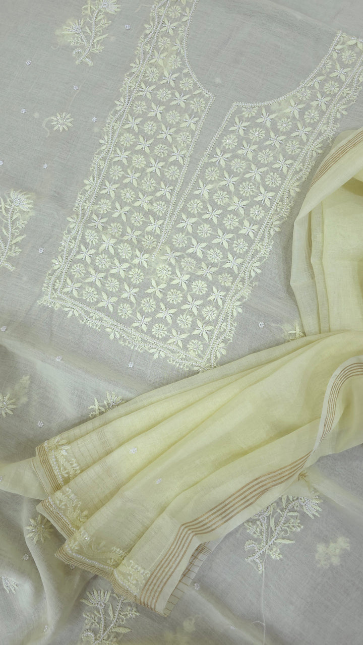 Hiba Premium Mul Chanderi Supersoft Dyeable Chikankari Dress Material | Hand Embroidered with Pearls & Cutdaana | Kurta & Dupatta Set