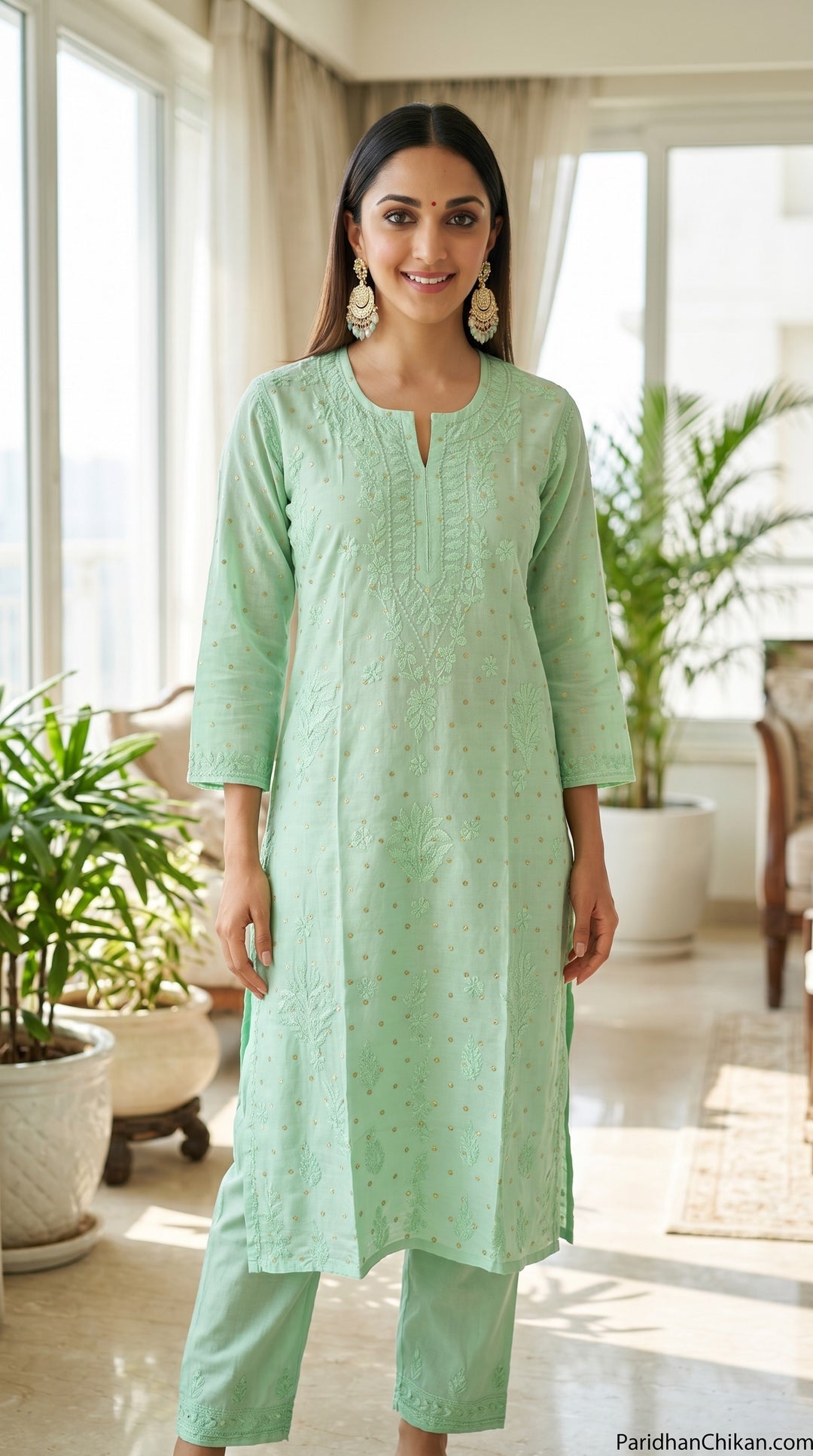 Kiara Chikankari Chanderi Golden Zari Buti Kurti for Women | Soft Non-Transparent | Paridhan Chikan