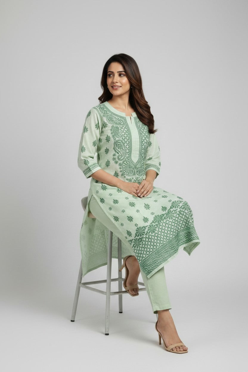 Pure Cotton Linen Lucknowi Chikankari Long Kurti | 100% Hand Embroidered | Non-Transparent | No Shrinkage