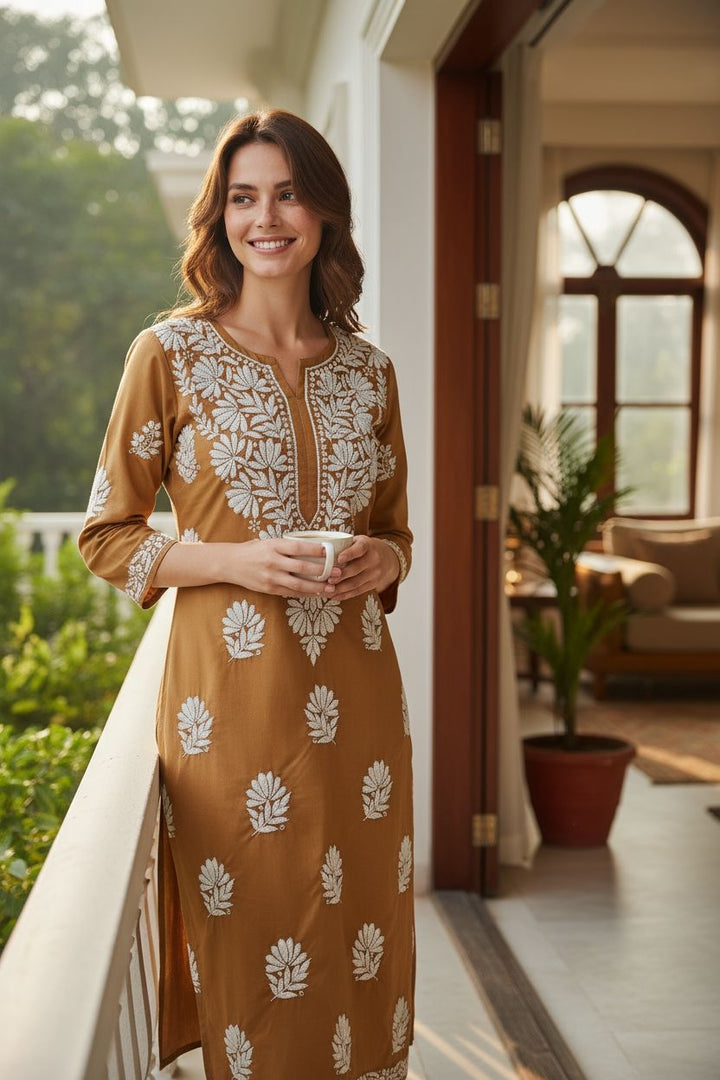 Modal Satin Chikankari Long Kurta | Hand-Embroidered Lucknowi Kurti for Women