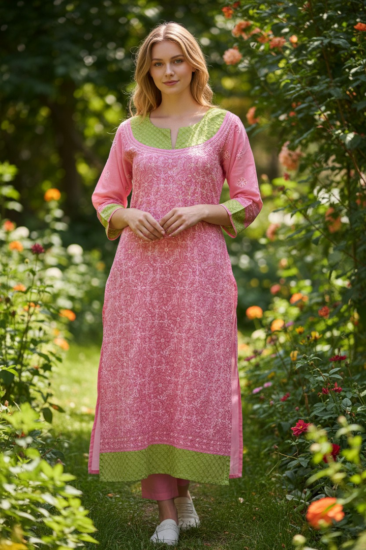 Cotton Chikankari Hand Embroidered Kurti for Women | Premium  | 48 Inch approx Length | Lucknowi Chikan Kurta