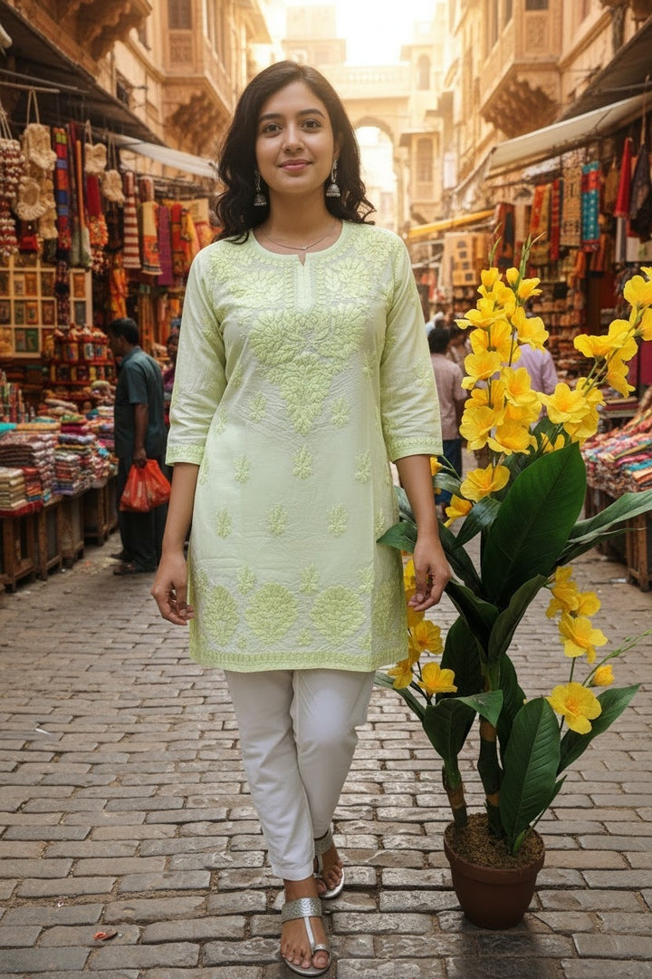 Non transparent Soft Chanderi Chikankari Top 32" length