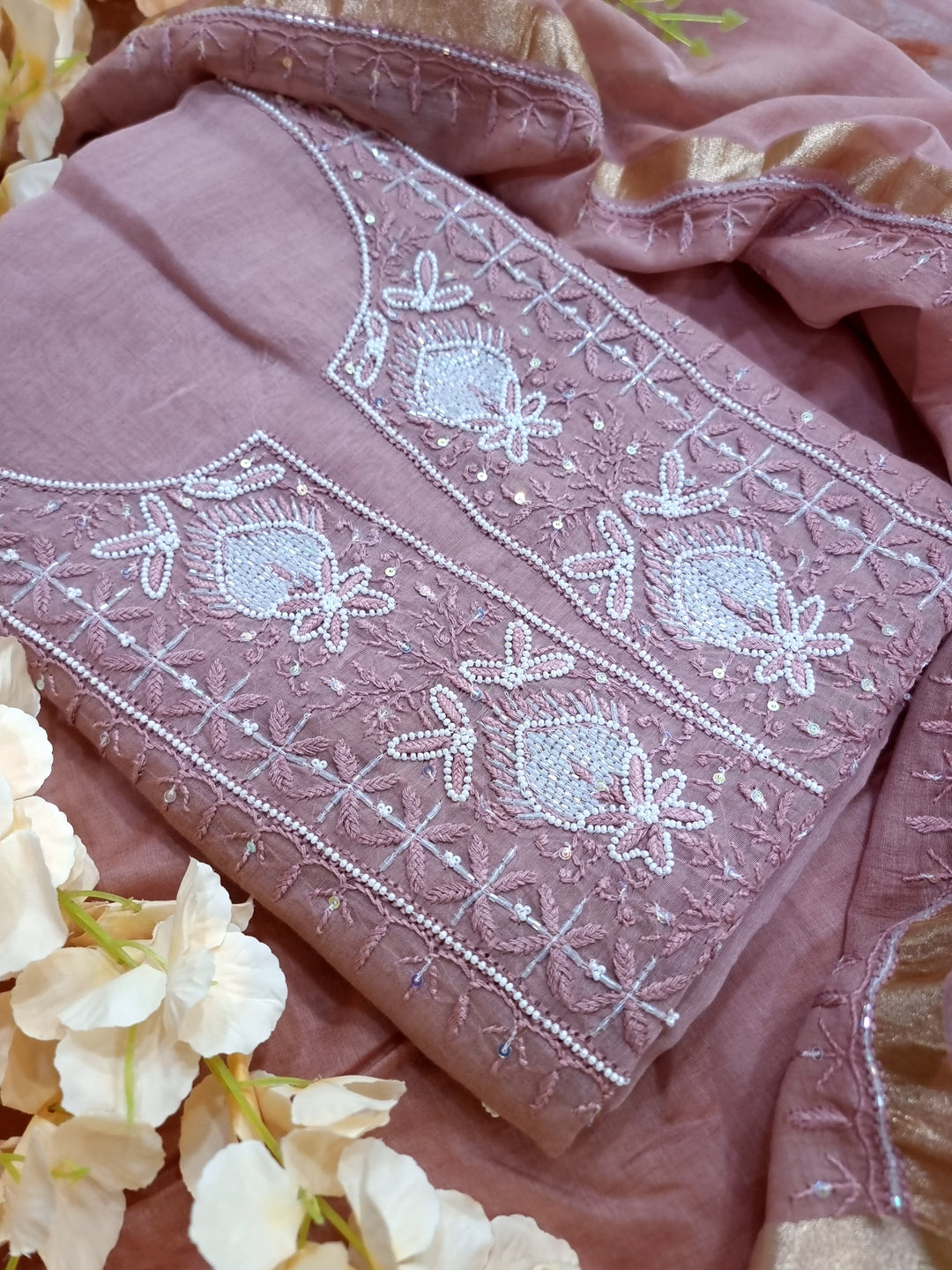 Premium Mul Chanderi Supersoft Dyeable Chikankari Dress Material | Hand Embroidered with Pearls & Cutdaana | Kurta & Dupatta Set