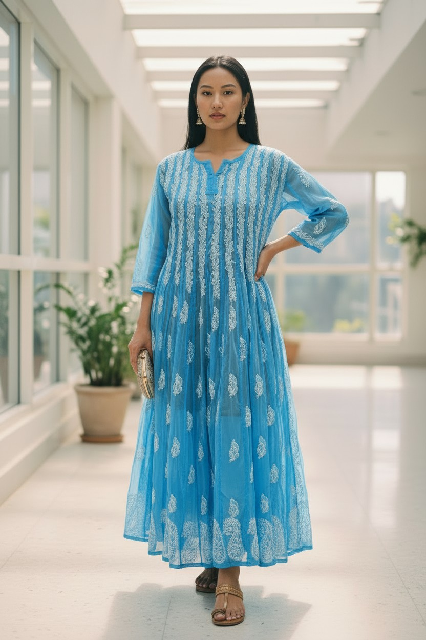 Georgette Lucknowi Chikankari 50" Long Anarkali Kurti | 100% Hand Embroidered| No Shrinkage