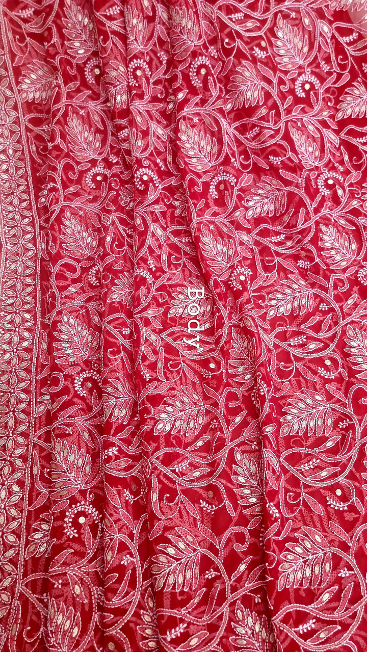 (Copy) Georgette Chikankari Saree - red