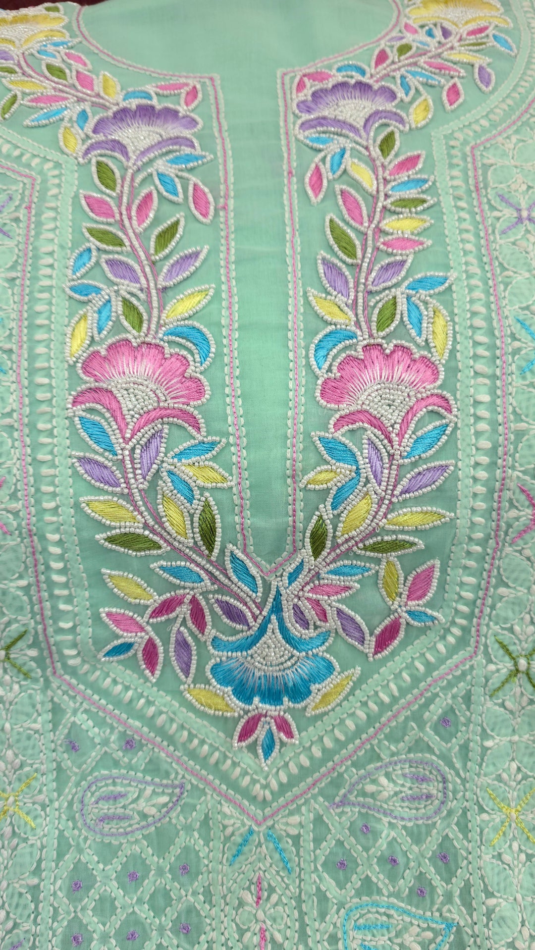 Cotton Resham Neckline chikankari dress material- Sea Green