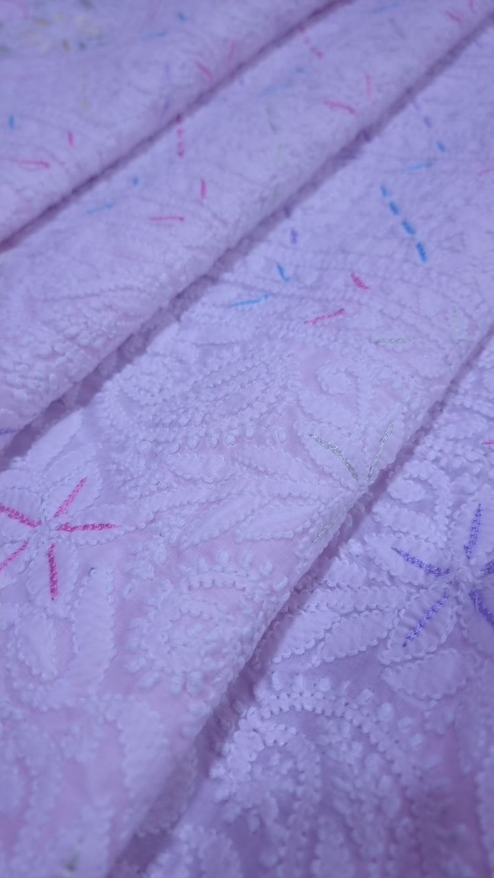 Cotton Resham Neckline chikankari dress material- Baby Pink