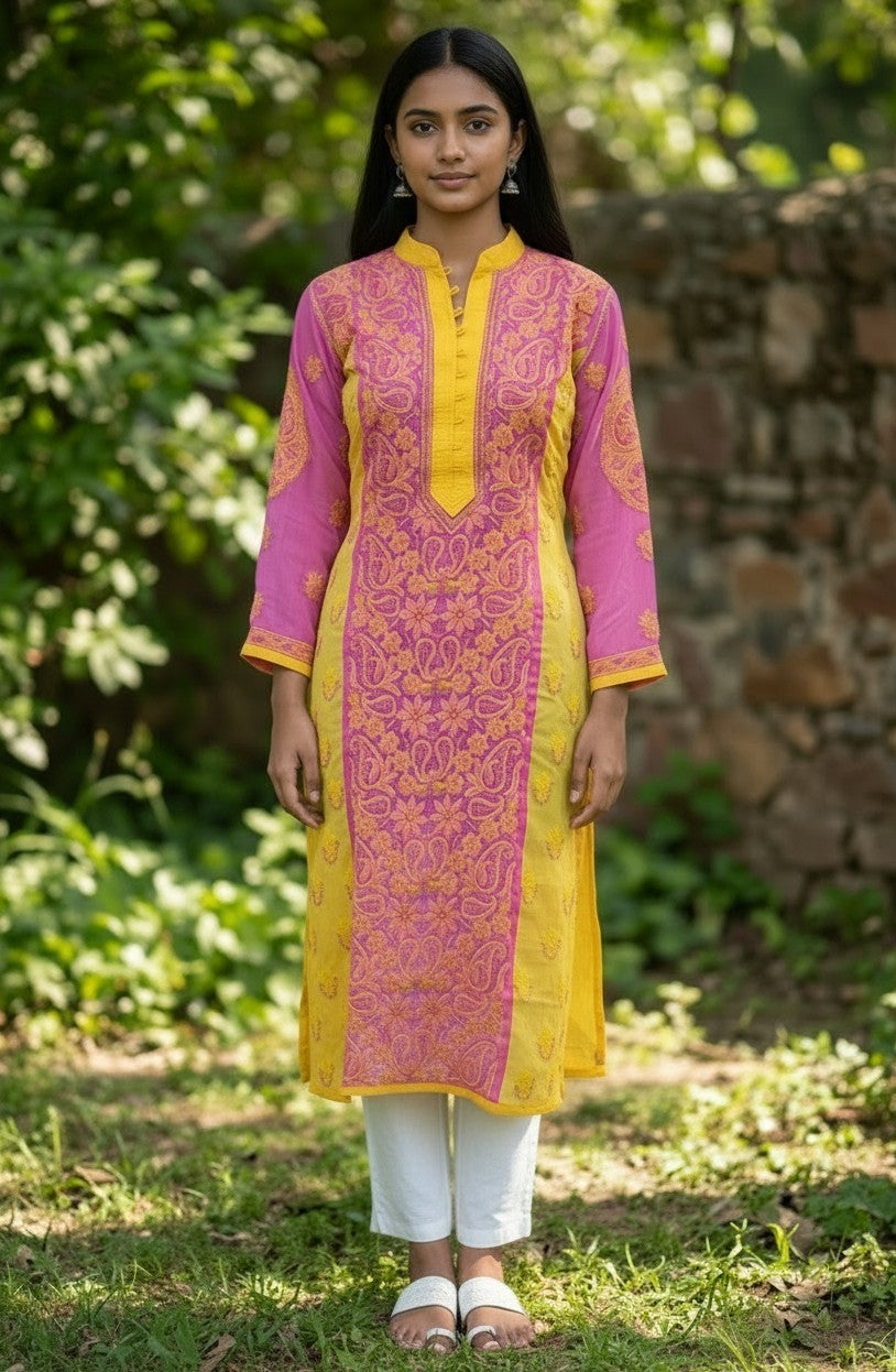 Dual Shade Georgette Lucknowi Chikankari Kurti – Hand Embroidered 48" approx long with Shadow & Murri Work, Exclusive Design
