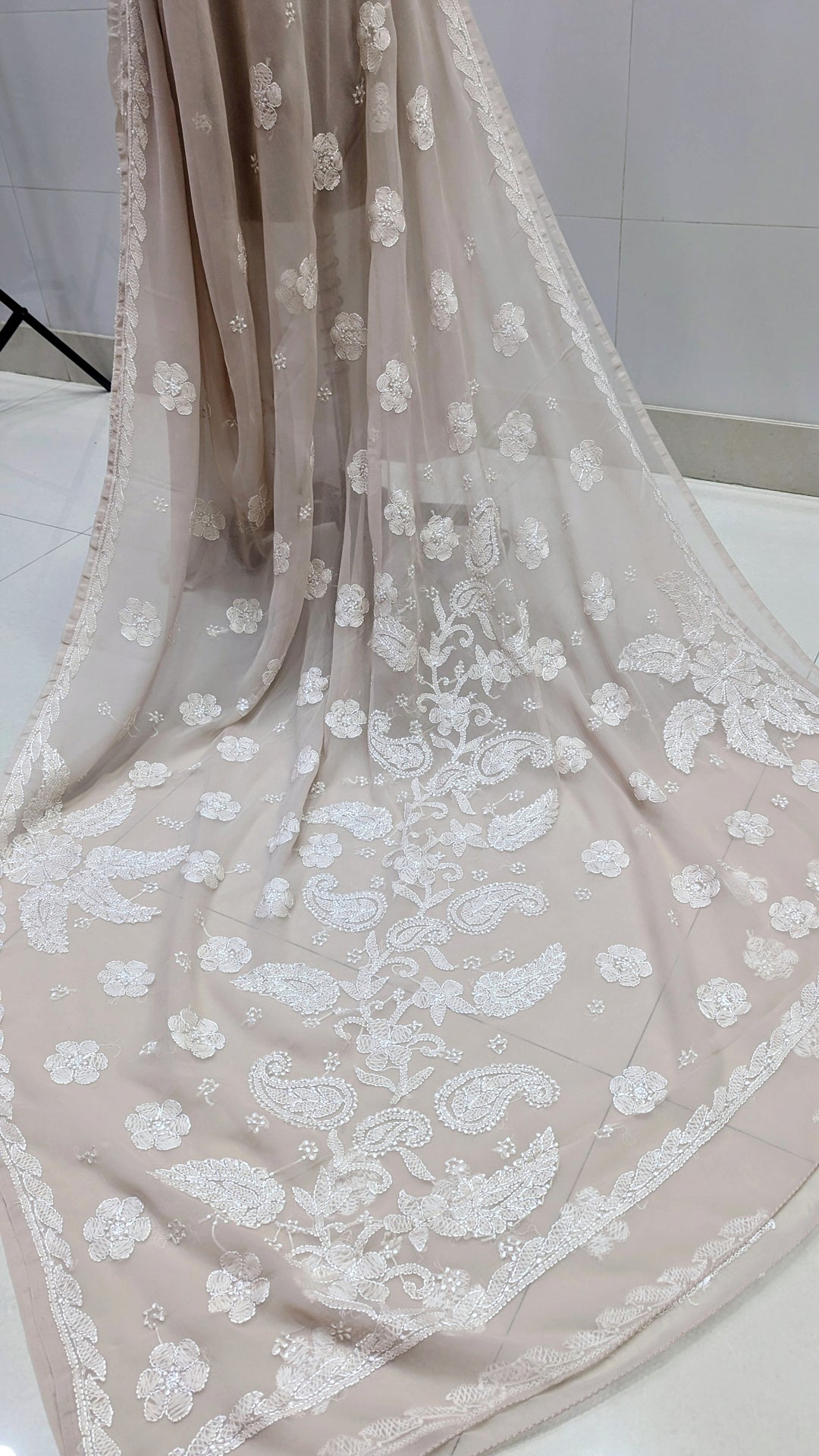 Faux Georgette Hand Chikankari Saree with Exclusive Border & Palla Design | Embroidered Blouse Included | Authentic Lucknow Handicraft by Paridhan Chikan