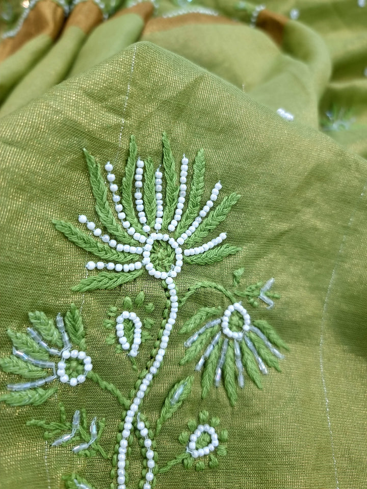 Soft Tissue Chikankari Unstitched Dress Material | 3 Taar Hand Embroidery with Pearl & Cutdana Work + Golden Border Dupatta