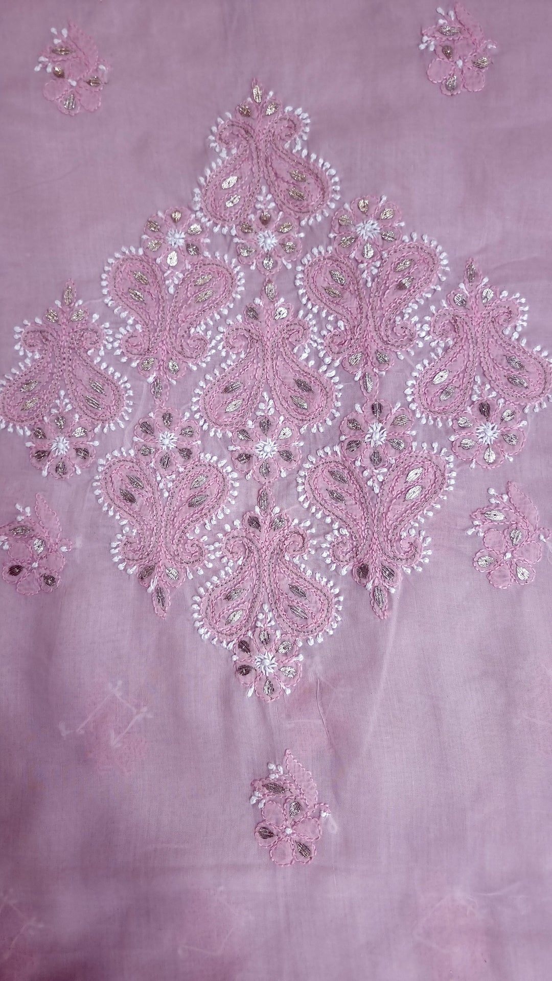 Pink Unstitched Soft Cotton Chikankari Suit Set – Aari, Kasab & Gotta Patti Embellished with Pure Chiffon Dupatta (Copy)