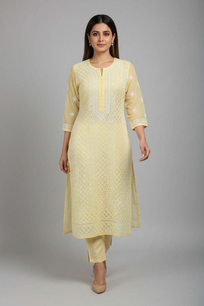 Mahi Women's Chikankari Georgette Full Embroidered Kurta | Hand Embroidered Lucknowi Ethnic Wear